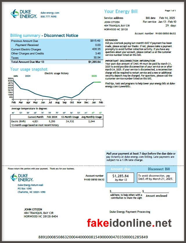 Duke Energy (NC/SC/FL/IN/OH/KY) Utility Bill Template